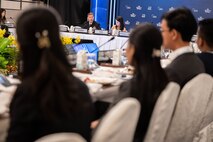 SINGAPORE (June 2, 2023) Adm. John C. Aquilino, Commander U.S. Indo-Pacific Command, speaks with members of the Southeast Asian Young Leaders Programme during a lunch hosted by the International Institute for Strategic Studies, as part of the Shangri-La Dialogue. The Shangri-La Dialogue is a defense summit focused on the Asia-Pacific region where ministers and representatives gather to discuss pressing security challenges and engage in bilateral talks. USINDOPACOM is committed to enhancing stability in the Asia-Pacific region by promoting security cooperation, encouraging peaceful development, responding to contingencies, deterring aggression and, when necessary, fighting to win. (U.S. Navy photo by Chief Mass Communication Specialist Shannon M. Smith)