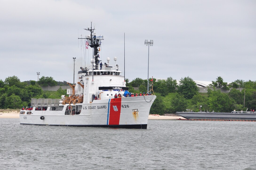 The Coast Guard Cutter Dependable transits toward the pier at Joint Expeditionary Base Little Creek, Fort Story in Virginia Beach, Virginia, May 18, 2016.  Dependable returned home following a successful counter-drug and migrant patrol through the Florida Straights and the Caribbean Sea.  U.S. Coast Guard photo by Petty Officer 1st Class Melissa Leake.