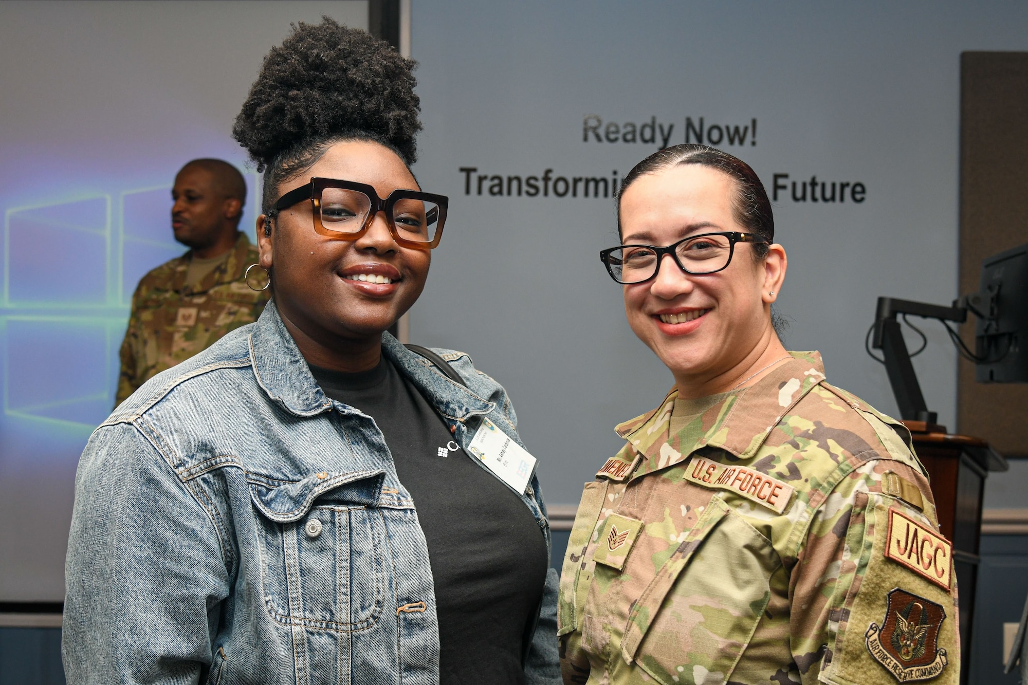 Staff Sgt. Angelica Jimenez, a 512th Airlift Wing reservist, poses with her civilian employer, Ashley Cardenas, on Dover Air Force Base, Delaware, June 3, 2023. Cardenas participated in the 512th AW’s Employer Day, an event where she and other civilian employers learned about the Air Force Reserve, Dover AFB, and their employee’s Air Force Reserve responsibilities. (U.S. Air Force photo by Senior Airman Shayna Hodge)