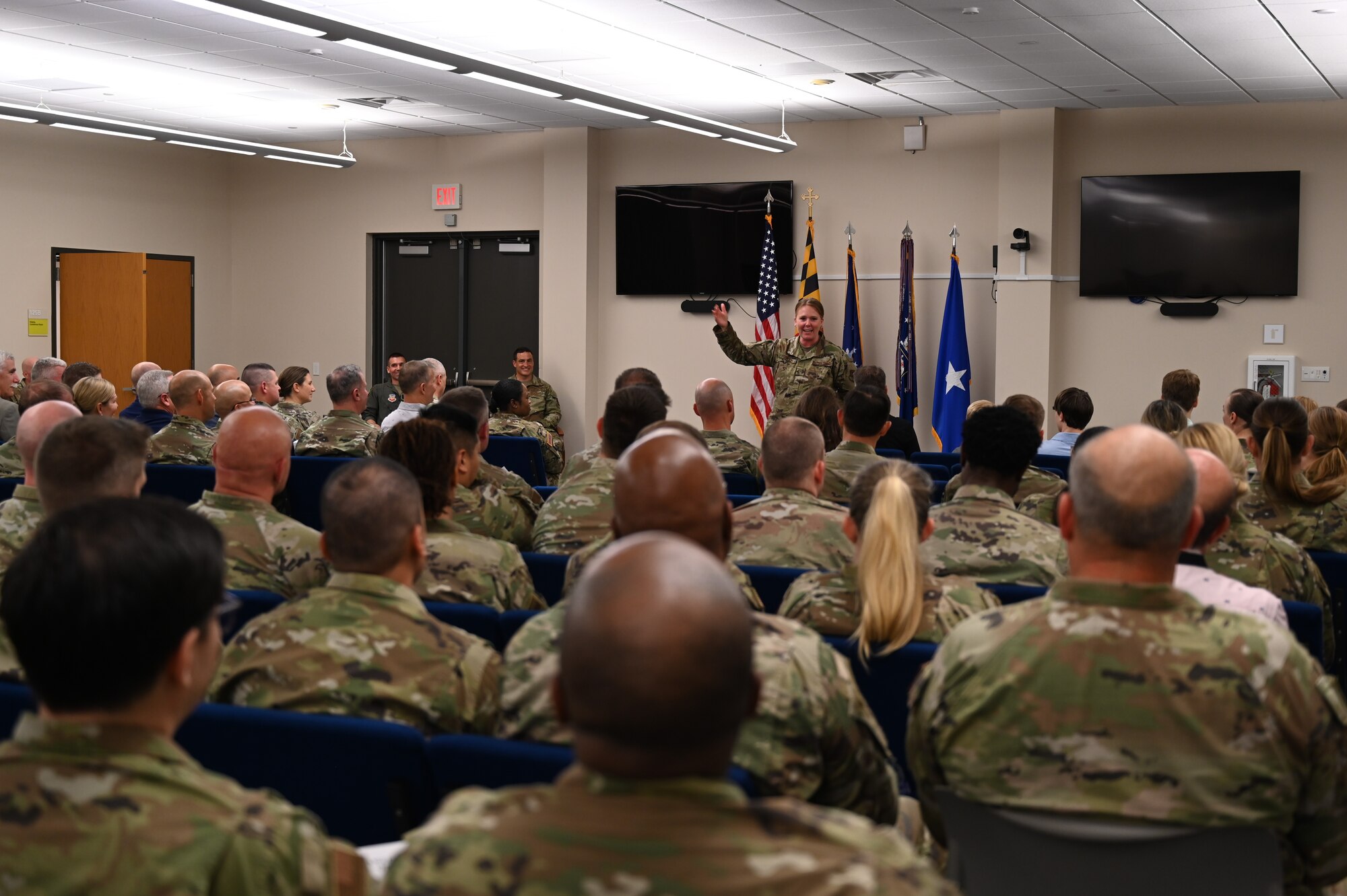 U.S. Air National Guard Brig. Gen. Jori A. Robinson, outgoing 175th Wing commander, thanks the wing during a change of command ceremony at Martin State Air National Guard Base, Middle River, Maryland, June 4, 2023.