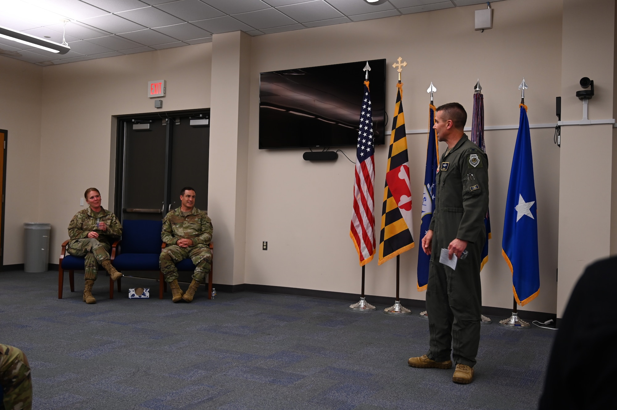 U.S. Air National Guard Col. Richard D. Hunt, 175th Wing commander, thanks his team during a change of command ceremony at Martin State Air National Guard Base, Middle River, Maryland, June 4, 2023.