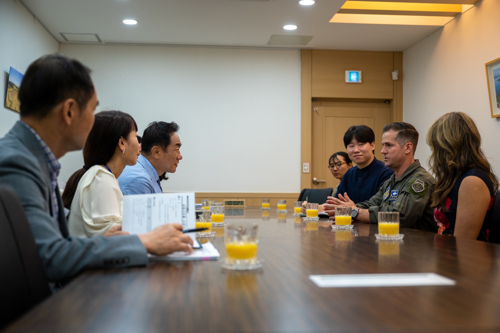 U.S. Air Force Col. Joshua Wood, right, 51st Fighter Wing Commander, speaks with Mr. Jung, Jang Seon, left, Pyeongtaek City mayor, during a meeting at Pyeongtaek City Hall, Republic of Korea, June 1, 2023. During a ceremony held at City Hall, Pyeongtaek City bestowed honorary citizenship upon Wood and his wife. (U.S. Air Force photo by Senior Airman Thomas Sjoberg)