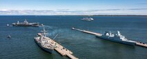 TALLINN, Estonia (June 4, 2023) – From left, the Blue Ridge-class command and control ship USS Mount Whitney (LCC 20), the Arleigh Burke-class guided-missile destroyer USS Paul Ignatius (DDG 117), and Danish Navy Iver Huitfeldt-class frigate HDMS Peter Willemoes (F 362) depart Tallinn, Estonia, June 4, 2023, to participate in Baltic Operations 2023 (BALTOPS 23). BALTOPS 23 is the premier maritime-focused exercise in the Baltic Region. The exercise, led by U.S. Naval Forces Europe-Africa, and executed by Naval Striking and Support Forces NATO, provides a unique training opportunity to strengthen combined response capabilities critical to preserving freedom of navigation and security in the Baltic Sea. (Courtesy Photo by Sgt. Martti Kallas (OR-4), Estonian Defence Forces)
