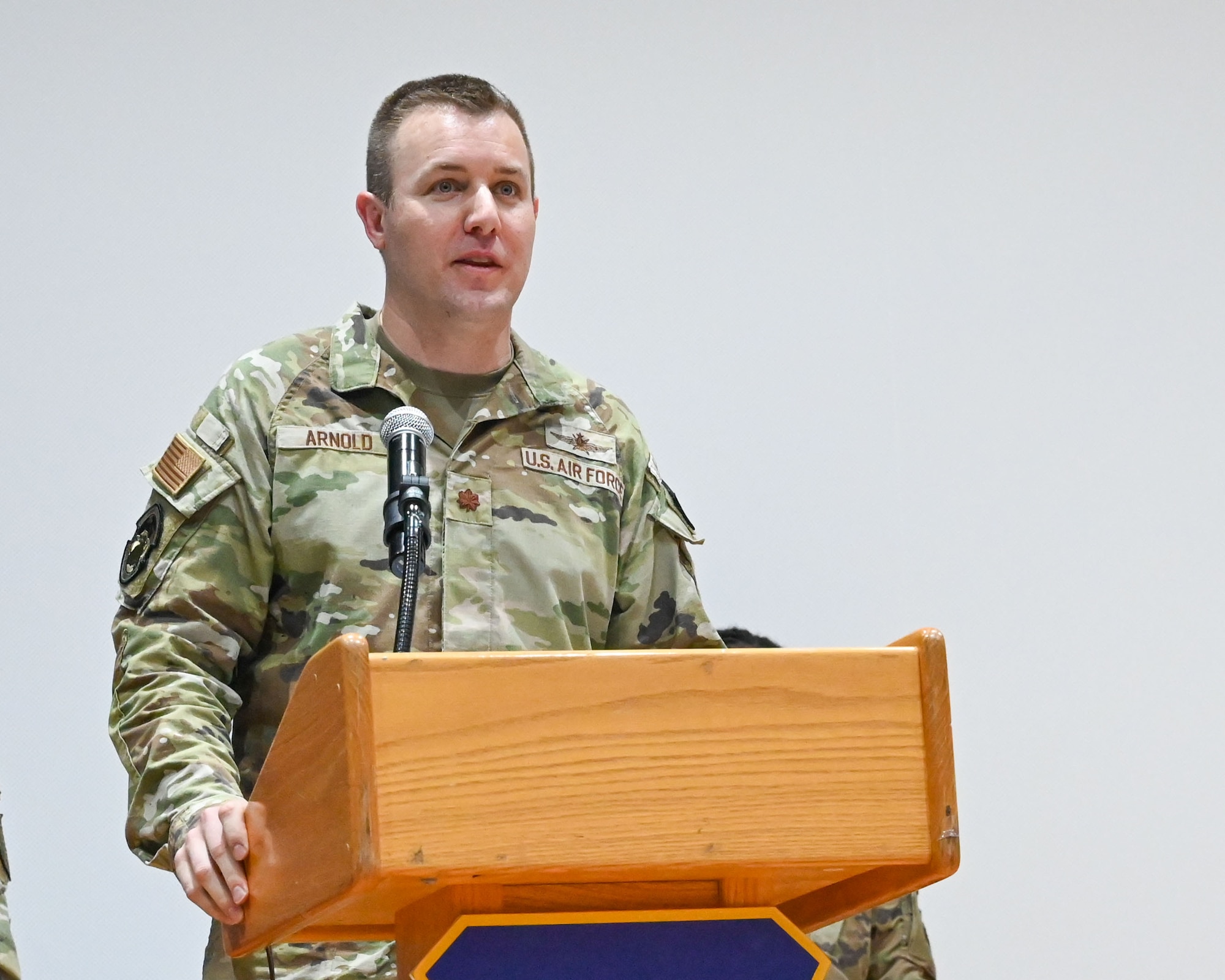 Maj. Christopher Arnold, 386th Expeditionary Communications Squadron commander, gives a speech during a change of command ceremony at Ali Al Salem Air Base, Kuwait, June 5, 2023.