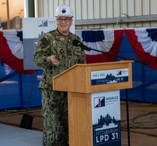 Keel Authentication ceremony of LPD 31 Pittsburgh, held at Ingalls Shipbuilding in Pascagoula, Mississippi. Pictured is Rear Admiral Thomas J. Anderson.