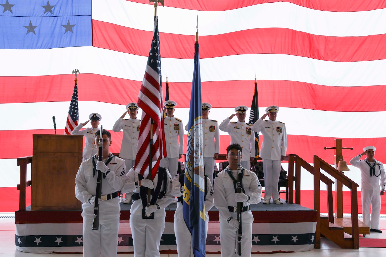 The NRC North Island color guard performs at the HSC-85 change of command ceremony.