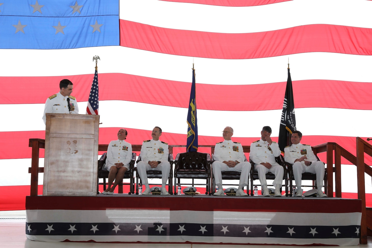 Commander Navy Reserve Forces Command speaks at the HSC-85 change of command ceremony.