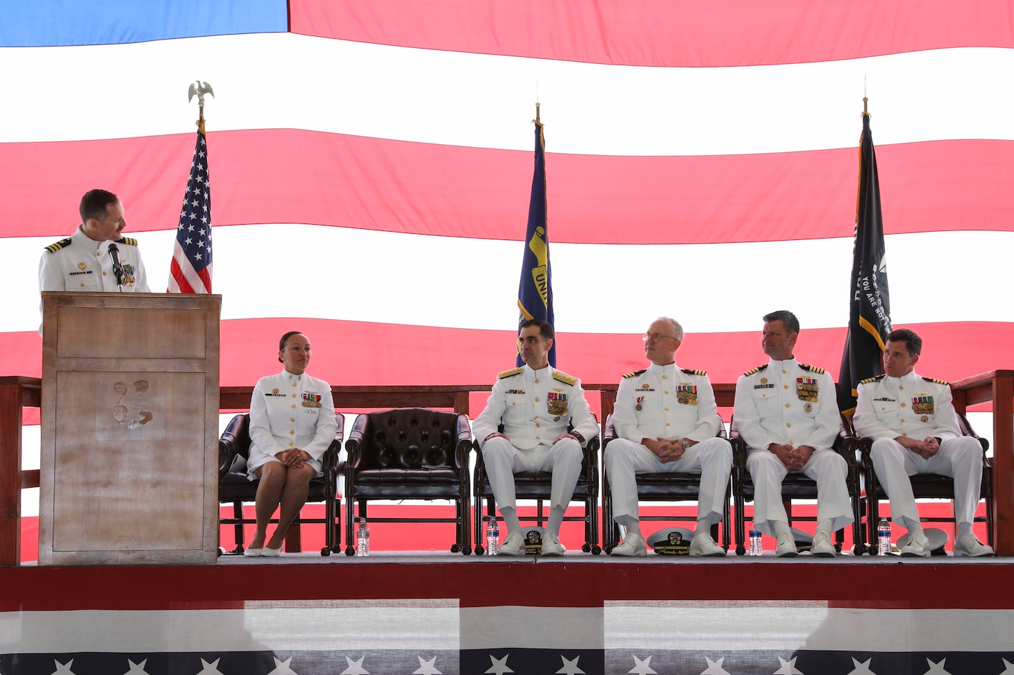 Cmdr. Nick Ryan speaks at the HSC-85 change of command ceremony.