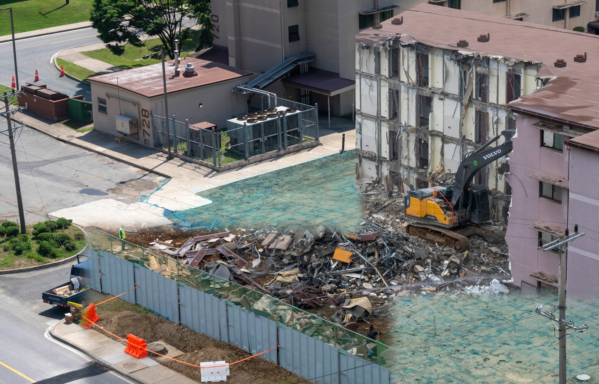 A graphical depiction showing the before and after of demolishing a condemned dorm at Osan Air Base, Republic of Korea, May 31, 2023. The demolition of building 717 was a part of base-wide improvements by the 51st Civil Engineer Squadron. (U.S. Air Force graphic by Airman 1st Class Aaron Edwards)