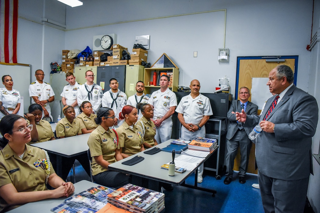 SECNAV Carlos Del Toro meets with students at Mather Building Arts & Craftsmanship High School during Fleet Week New York 2023.