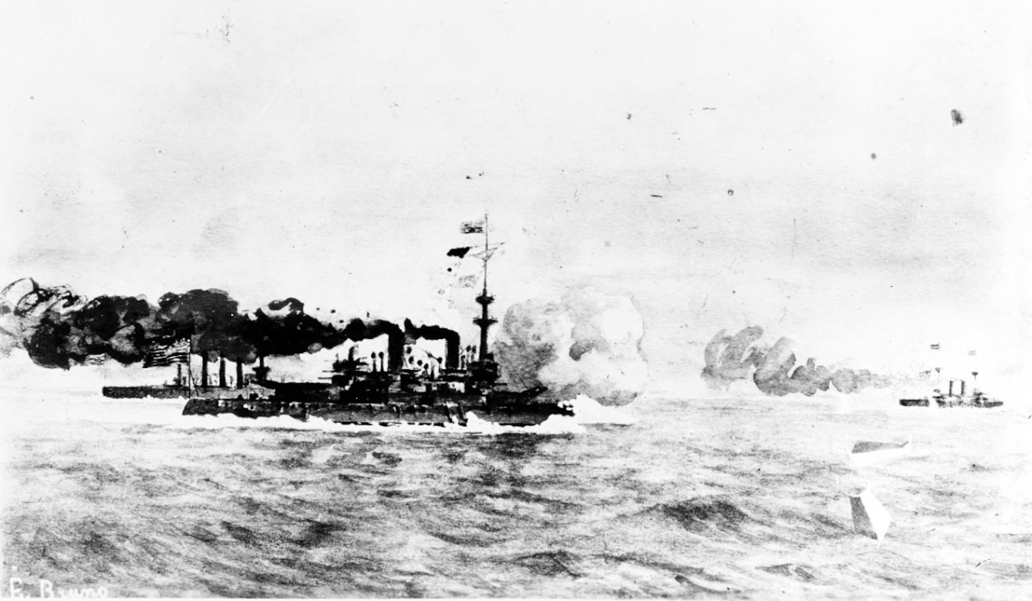 Painting of USS Brooklyn, Schley’s flagship, and USS Oregon pursuing Spanish cruiser Cristóbal Colón in the final hours of the Battle of Santiago Bay.
