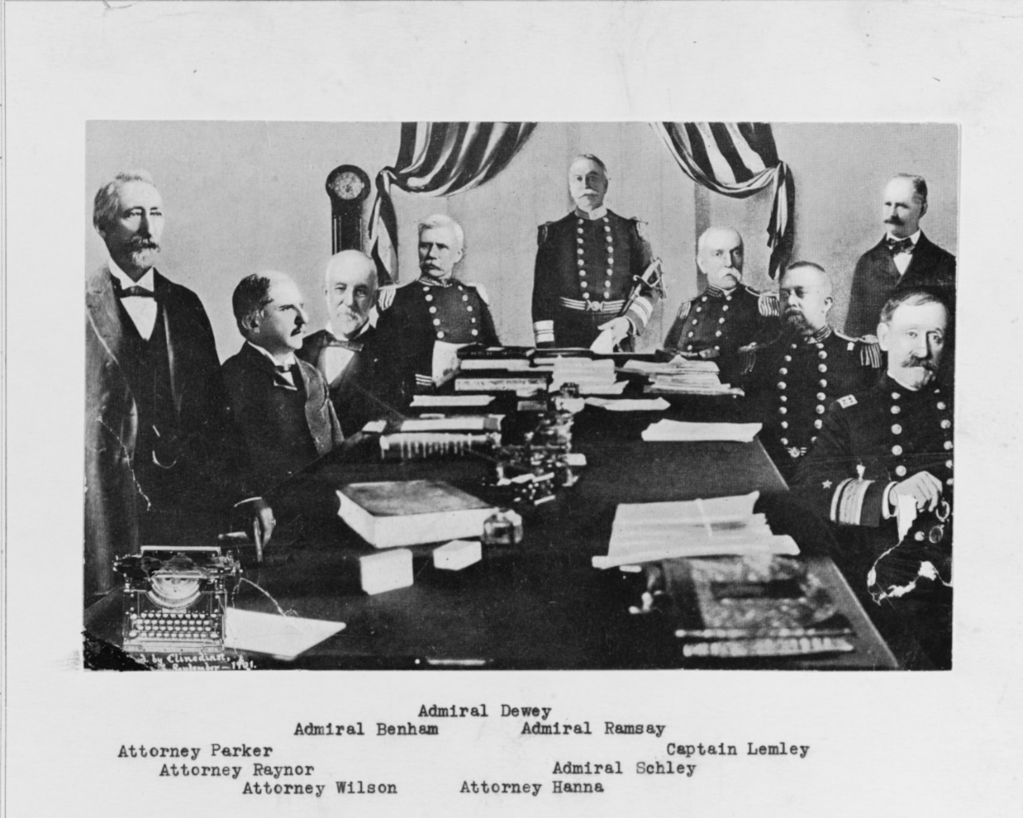 The Schley Court of Inquiry, 1901. The three judges are in the center. Schley’s defense team is to the left, the prosecutors are to the right.