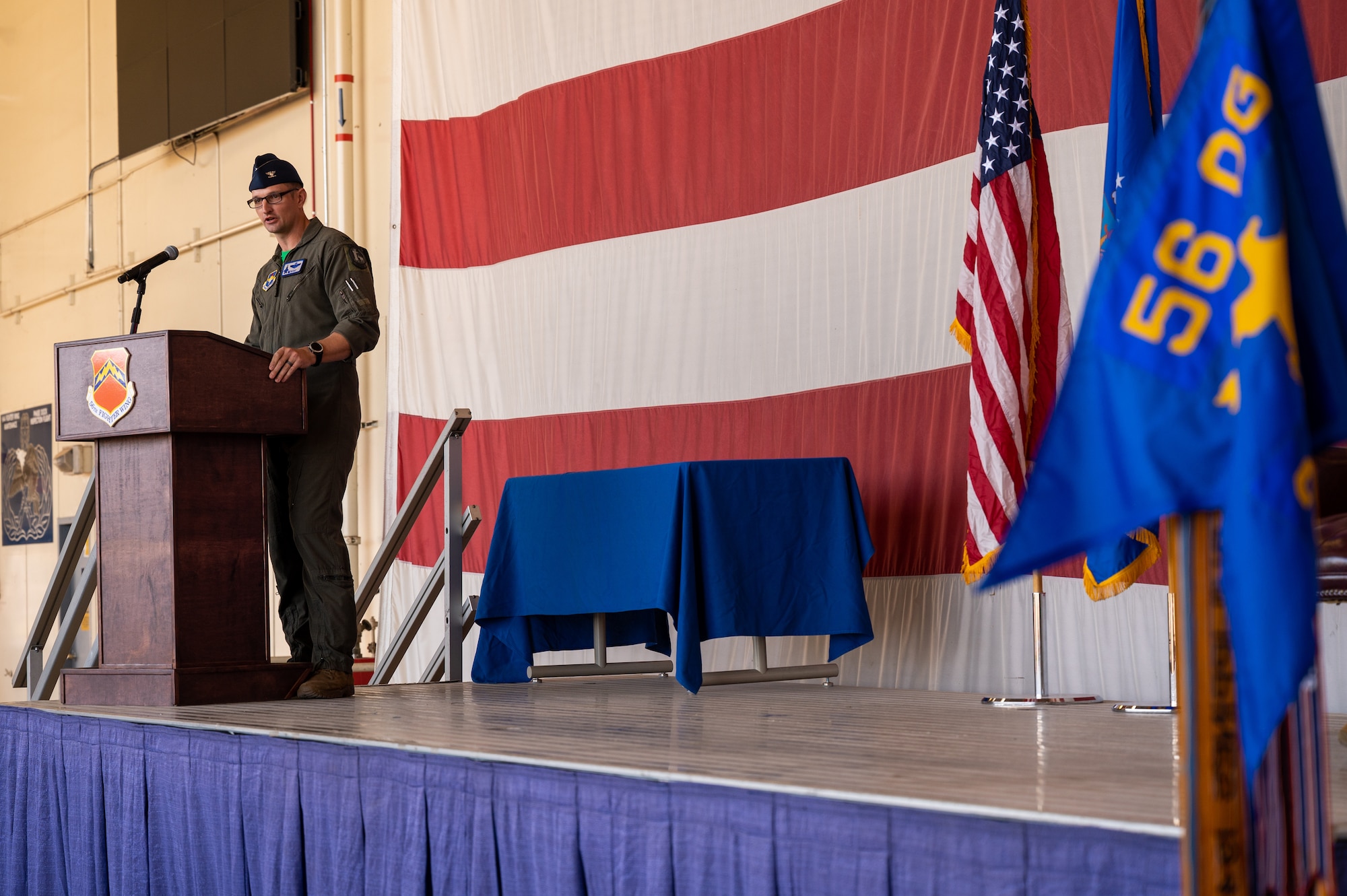 U.S. Air Force Col. Matthew Johnston, 56th Operations Group commander, gives remarks at the 310th Fighter Squadron assumption of command ceremony June 2, 2023, at Luke Air Force Base, Arizona.