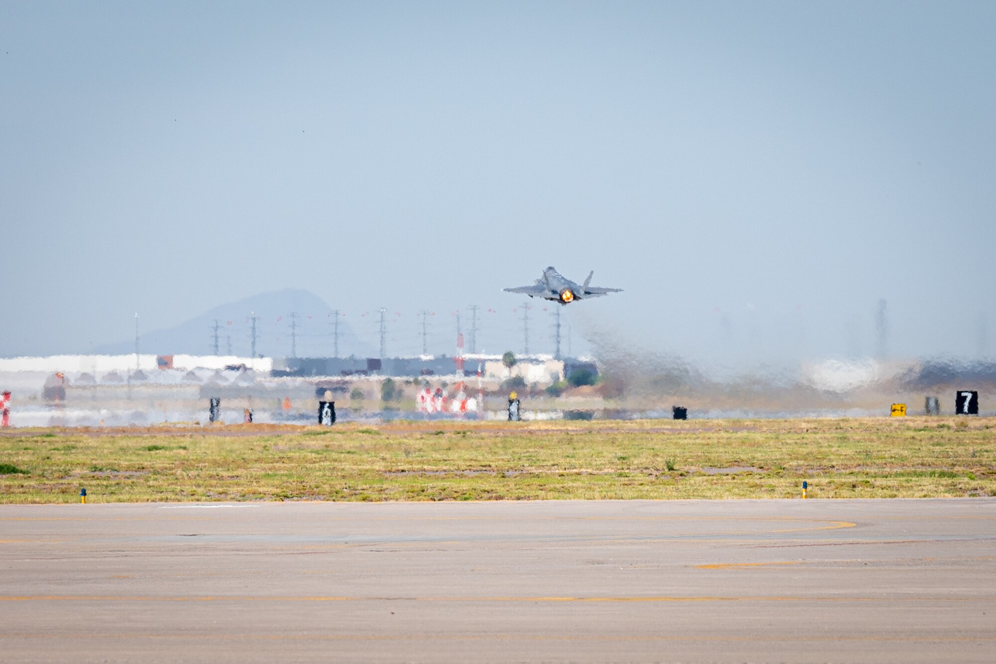U.S. Air Force Lt. Col. Adam Vogel (left), 310th Fighter Squadron commander, takes off in an F-35 Lightning II June 5, 2023, at Luke Air Force Base, Arizona.