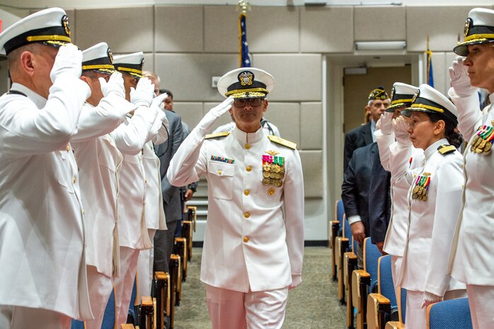 SAN DIEGO (Jun. 5, 2023) Rear Adm. Guido Valdes, Commander, Naval Medical Forces Pacific, Director, San Diego Market and Chief of the Medical Corps, is piped aboard during a change of command ceremony at Navy Medicine Readiness and Training Command San Diego June 5. During the ceremony, Capt. Elizabeth Adriano relieved Capt. Kim Davis, NMRTC San Diego's outgoing commander. NMRTC San Diego's mission is to prepare service members to deploy in support of operational forces, deliver high quality healthcare services and shape the future of military medicine through education, training and research. NMRTC San Diego employs more than 6,000 active duty military personnel, civilians and contractors in Southern California to provide patients with world-class care anytime, anywhere. (U.S. Navy photo by Mass Communication Specialist 2nd Class Jacob Woitzel)
