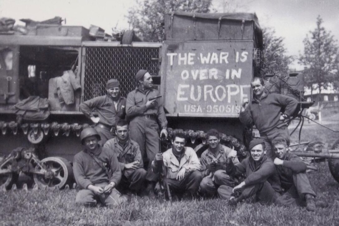 Soldiers of the 200th Field Artillery Battalion pose for a photograph in Czechoslovakia in 1945.