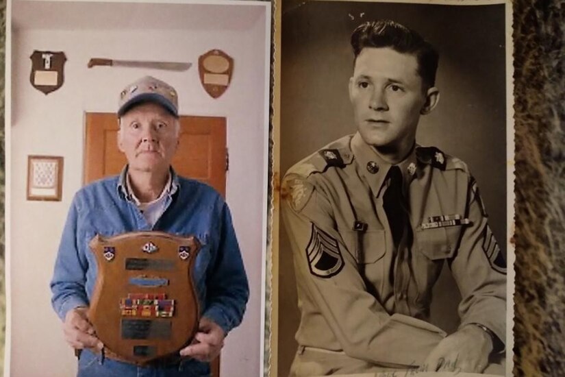 Side-by-side photos of a veteran in his elder years and in uniform.