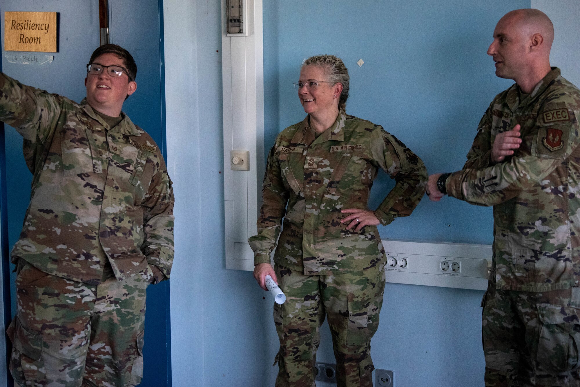 U.S. Air Force Chief Master Sgt. Stephanie Cates, Third Air Force command chief, visits a newly established “resiliency room”