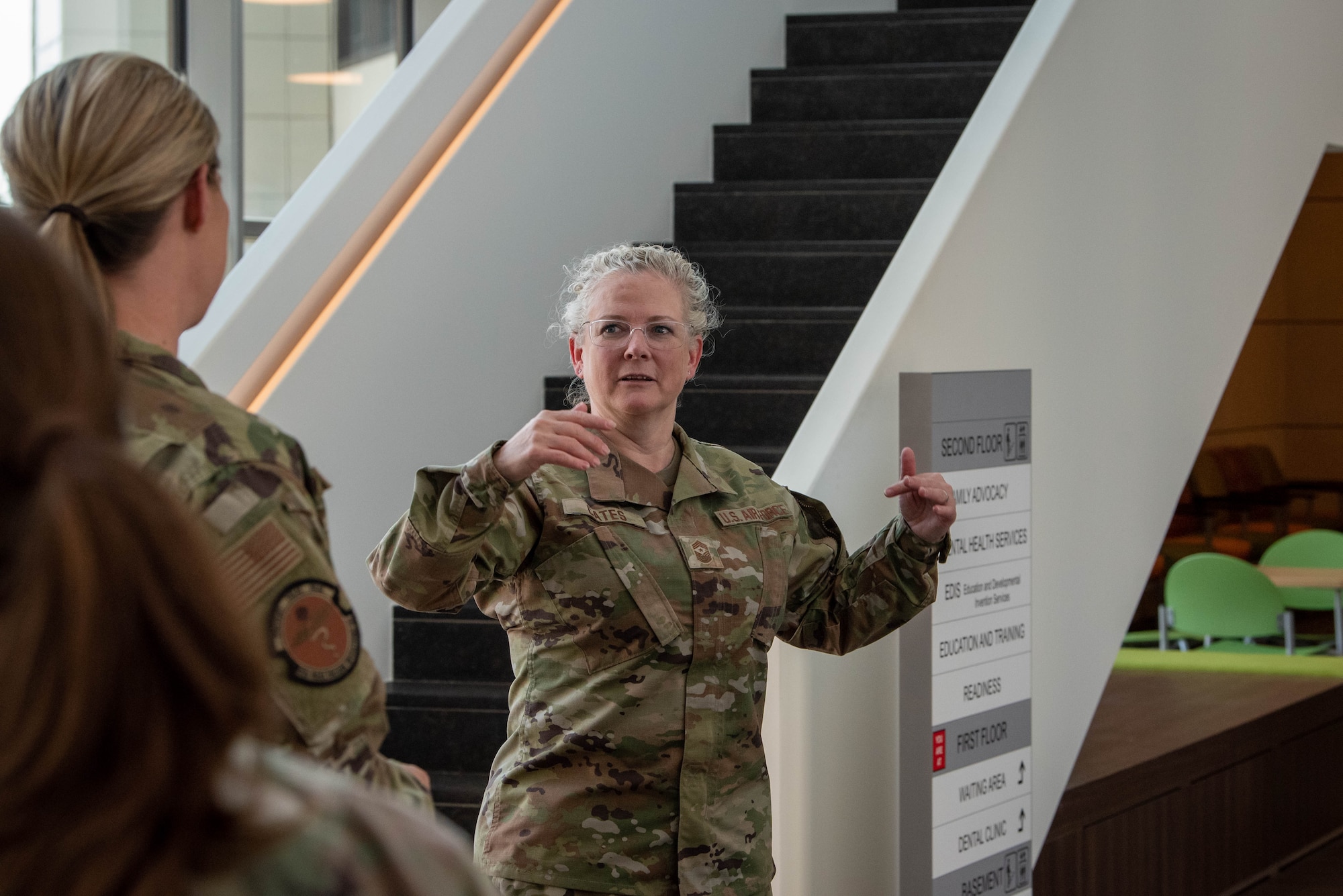 U.S. Air Force Command Chief Master Sgt. Stephanie Cates, Third Air Force command chief, visits the newly established wing clinic