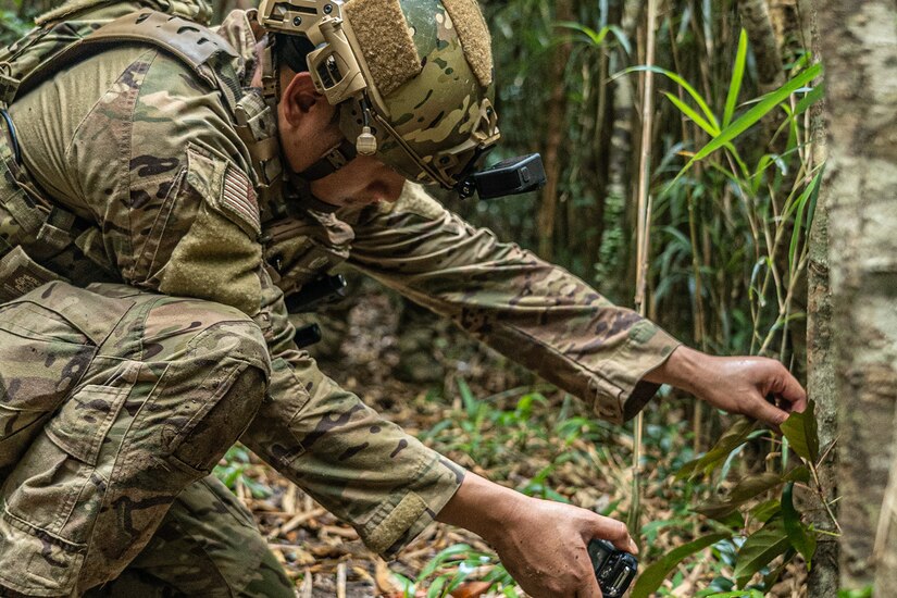A service member photographs a simulated explosive during training in a jungle environment.