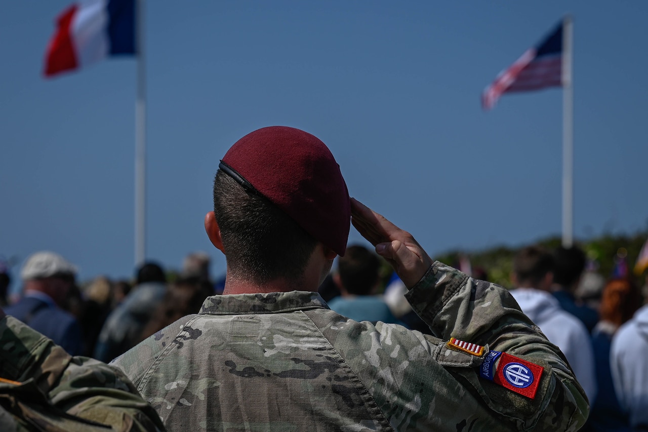 A service member is shown from behind, saluting the flag.