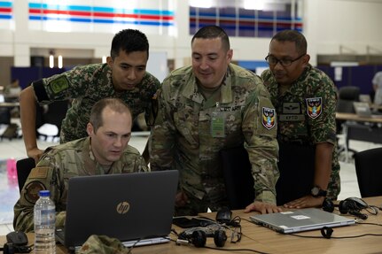 Malaysian and U.S. Armed Forces service members complete a mission analysis during the staff exercise of Bersama Warrior 23 at the Joint Warfighting Center on Malaysian Armed Forces Headquarters Base, Kuantan, Padang, Malaysia, June 5, 2023. The annual Bersama Warrior exercise is sponsored by U.S. Indo-Pacific Command and hosted by the Malaysian Armed Forces.