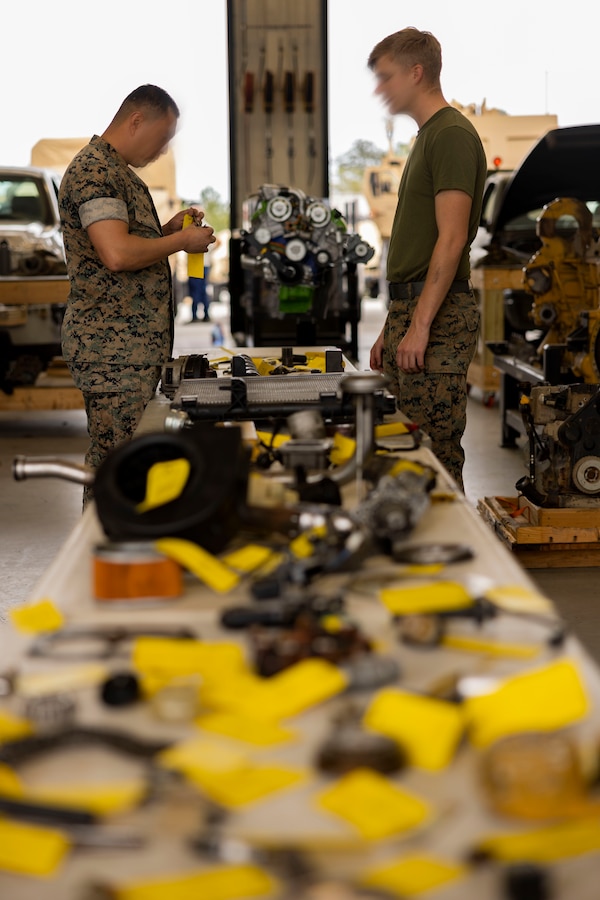 Marines from Marine Forces Special Operations Command and the Fleet Marine Force conduct practical application during the MARSOF Maintenance portion of the Multi-Discipline Logistics Operations Course at Camp Lejeune, North Carolina, March 28, 2023. MDLOC is the final aspect of an 11 to 12-week training pipeline that is divided into three specific career fields: logistics and sustainment, maintenance, and ordnance. This course, in addition to Special Operations Forces Fundamentals and Survival, Evasion, Resistance, and Escape, produces MARSOC special operations capability specialists with the unique skills needed to support and sustain Marine Special Operation Companies. (U.S. Marine Corps photo by Sgt. Jesula Jeanlouis)