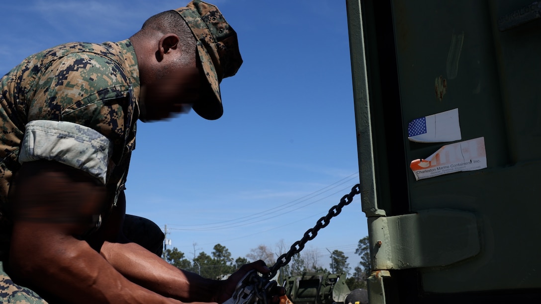 Marines from Marine Forces Special Operations Command and the Fleet Marine Force conduct practical application during the MARSOF Logistics portion of the Multi-Discipline Logistics Operations Course at Camp Lejeune, North Carolina, March 6-31, 2023. MDLOC is the final aspect of an 11 to 12-week training pipeline divided into three specific career fields: logistics and sustainment, maintenance, and ordnance. This course, in addition to Special Operations Forces Fundamentals and Survival, Evasion, Resistance, and Escape, produces MARSOC special operations capability specialists with the unique skills needed to support and sustain Marine Special Operation Companies. (U.S. Marine Corps photo by Lance Cpl. Brandon Marrero)