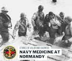 Navy medical personnel help evacuate wounded soldiers at Normandy, June 1944.