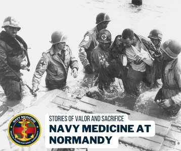 Navy medical personnel help evacuate wounded soldiers at Normandy, June 1944.