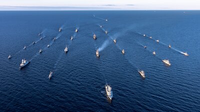 Ships participating in BALTOPS 2023 transit the Baltic Sea.