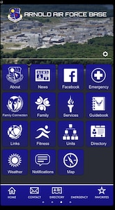 Screenshot of a smartphone showing Arnold Air Force Base home page of the AF Connect application