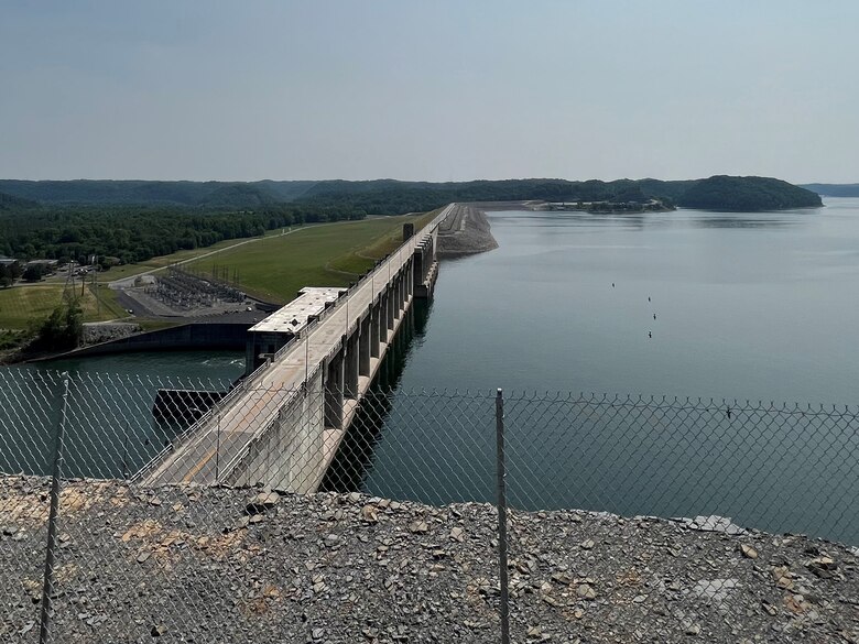 This is Wolf Creek Dam at Lake Cumberland June 6, 2023, in Jamestown, Kentucky. The lake’s elevation is currently about six feet below the normal summer pool level of 721 feet in early June due to lack of rainfall in the spring. (USACE Photo by Misty Cravens)