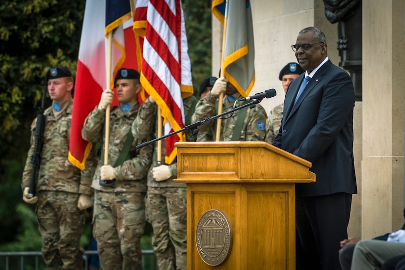 Secretary of Defense Lloyd J. Austin III delivers remarks.