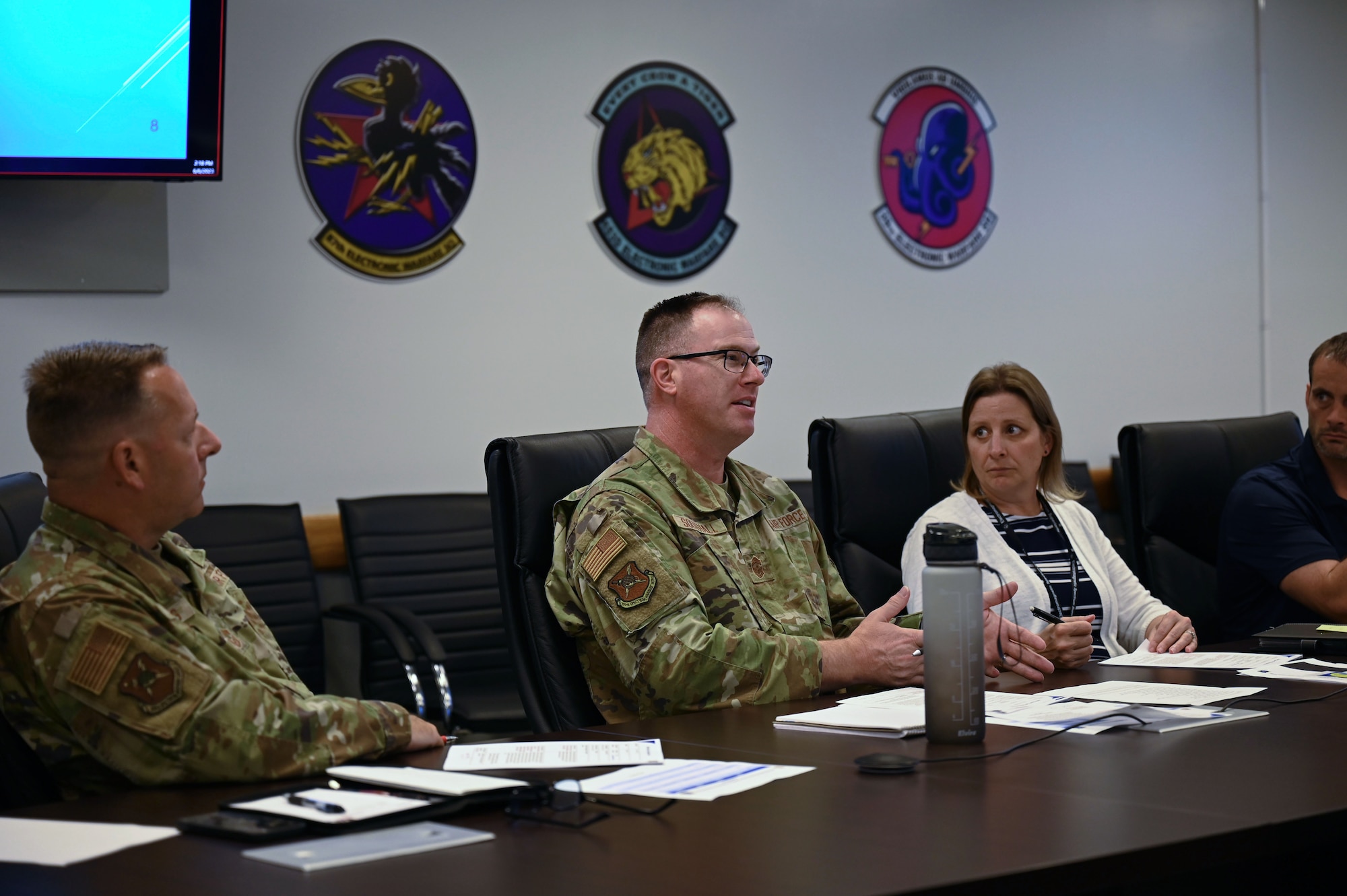 A panel of five subject matter experts from the 350th Spectrum Warfare Wing conducted Shark Tank 2023 at Eglin Air Force Base, Fla., June 6, 2023. Shark Tank provides an opportunity for spectrum warfare professionals to think about innovative solutions to improve processes and enhance the impact on combat readiness throughout the wing (U.S. Air Force photo by Staff Sgt. Ericka A. Woolever)