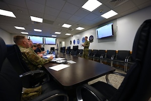 A panel of five subject matter experts from the 350th Spectrum Warfare Wing conducted Shark Tank 2023 at Eglin Air Force Base, Fla., June 6, 2023. Shark Tank is an innovation competition that offers members at all levels of the wing to present ideas on how to accomplish the mission more effectively. (U.S. Air Force photo by Staff Sgt. Ericka A. Woolever)