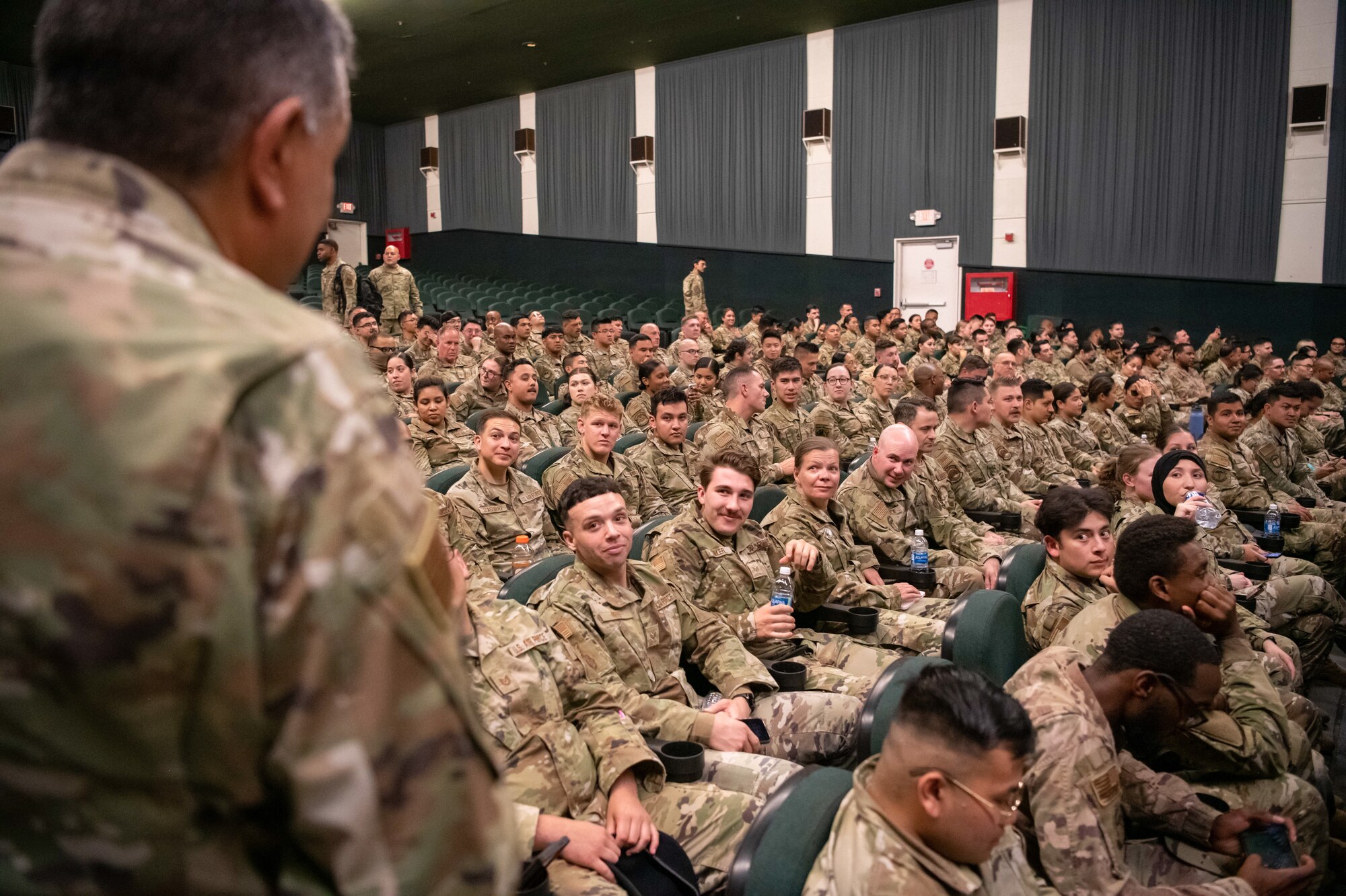 Airmen of the 349th Air Mobility Wing attend an enlisted call at Travis Air Force Base, California on June 3-4, 2023. The enlisted call allowed for communication from senior enlisted leadership including messages regarding retention, recruitment, security, and mental health.