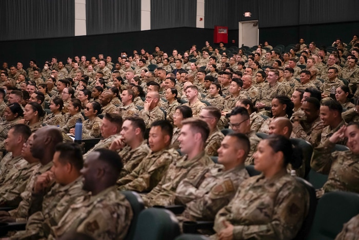 Airmen of the 349th Air Mobility Wing attend an enlisted call at Travis Air Force Base, California on June 3-4, 2023. The enlisted call allowed for communication from senior enlisted leadership including messages regarding retention, recruitment, security, and mental health.