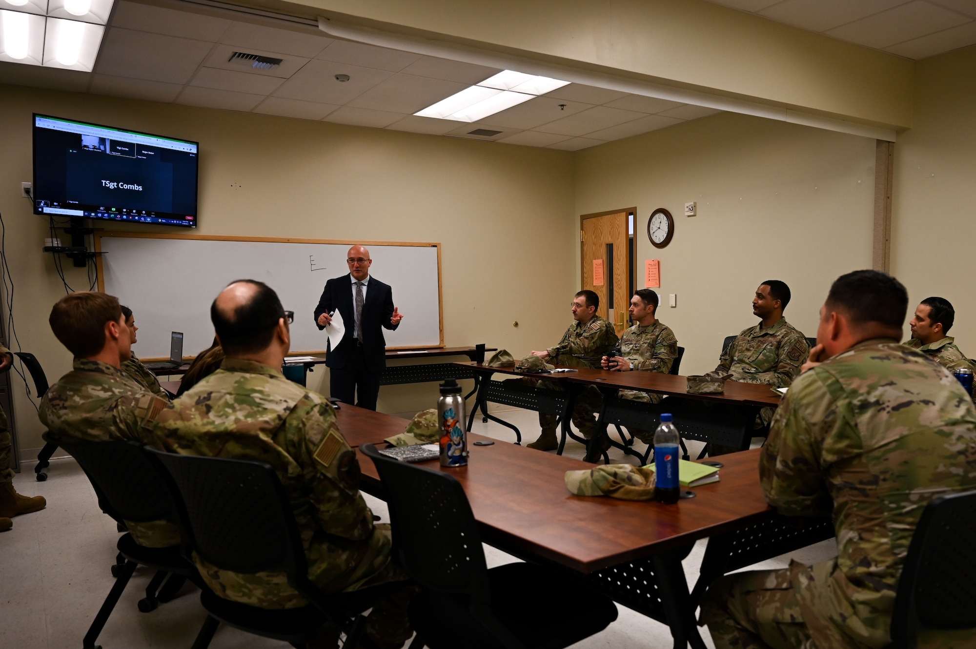 Tony Cruz, Pacific Air Forces Chief Diversity, Equity, Inclusion and Accessibility Officer, explains the Leading Inclusive Virtual Experience to some of Eielson’s frontline supervisors during a base visit at Eielson Air Force Base, May 30, 2023.