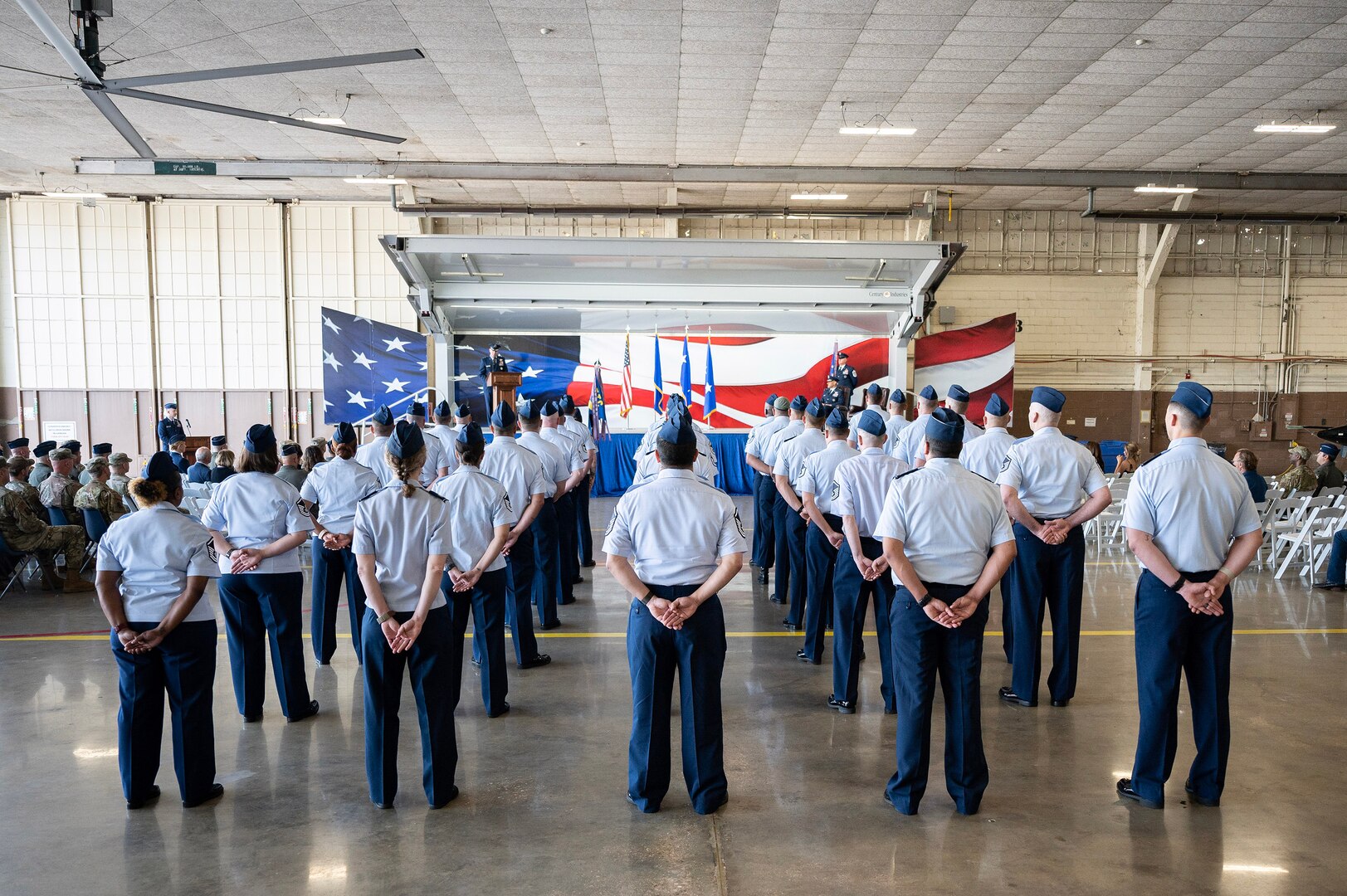 U.S. Air Force members of the 19th Air Force stand in formation during the 19th AF assumption of command ceremony