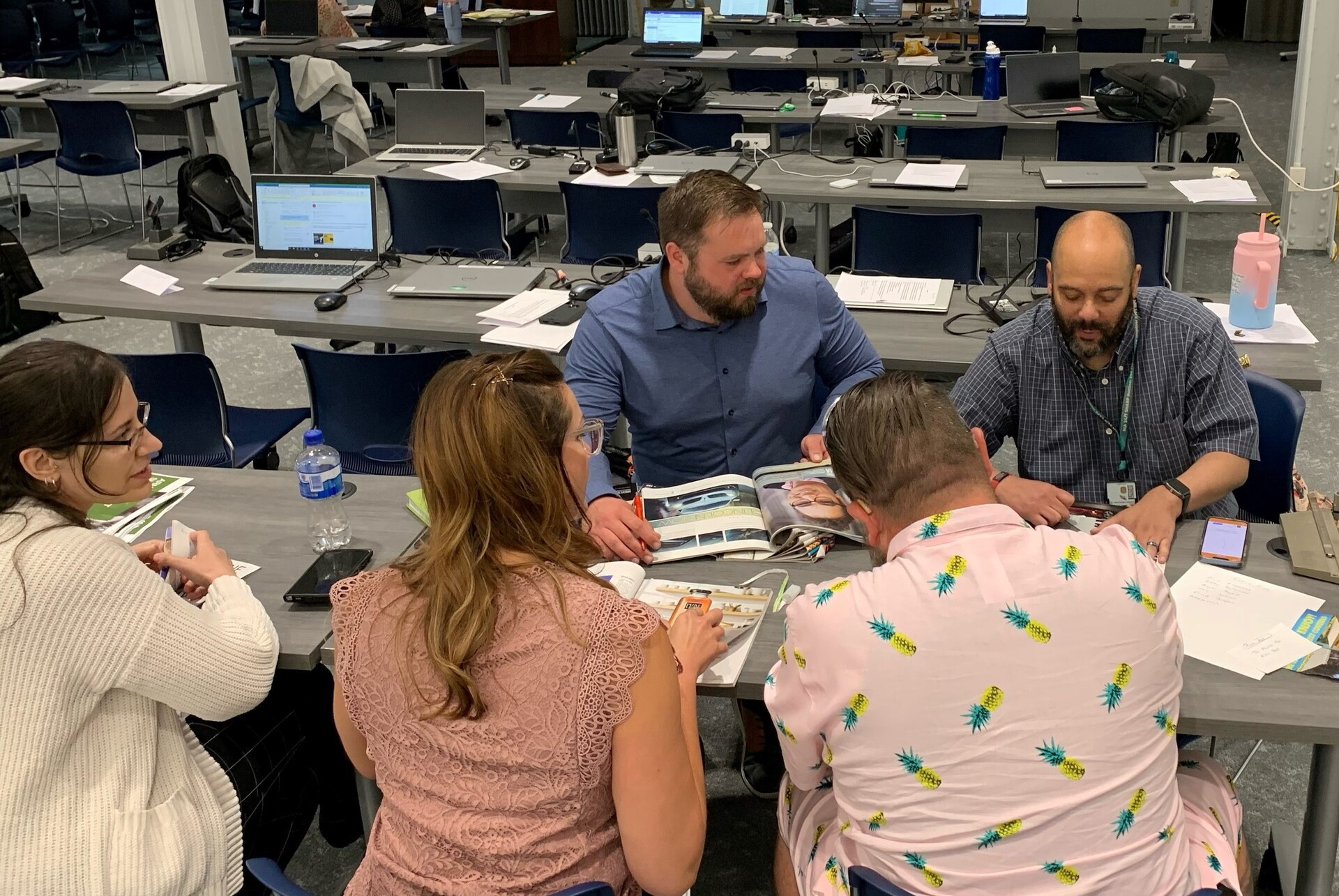 Troy Furlow (center) is the site director at the Dülmen Army Prepositioned Stocks-2 worksite. He signed up for U.S. Army Sustainment Command’s Journey to Leadership program and said JLT has proven very beneficial. Pictured here, Furlow works with his JLT small group at Rock Island, Illinois, during one of the week-long training sessions. (U.S. Army courtesy photo)