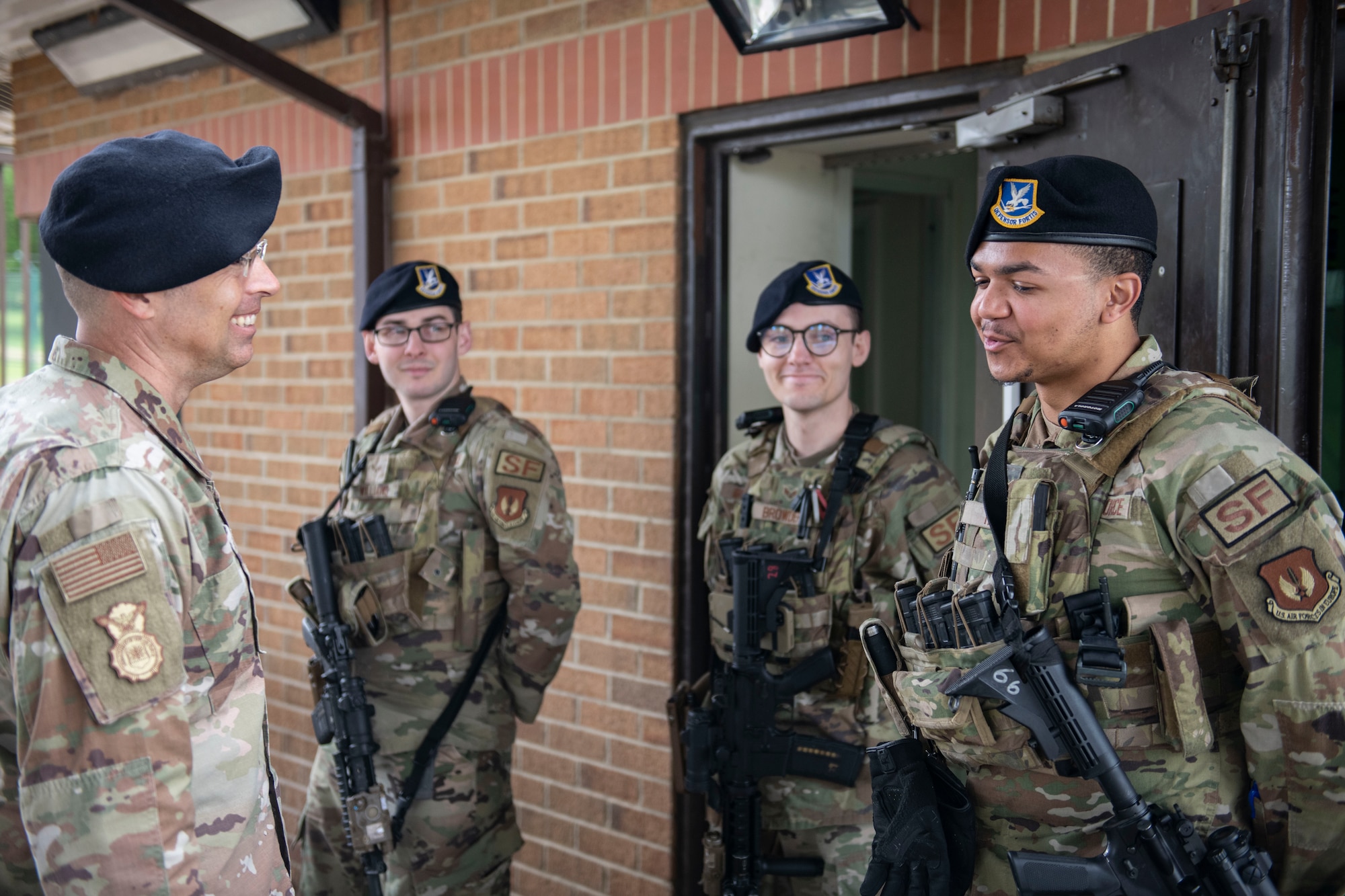Brig. Gen. Thomas Sherman, United States Air Force director of security forces, speaks with Airmen from the 422d Security Forces Squadron at RAF Croughton