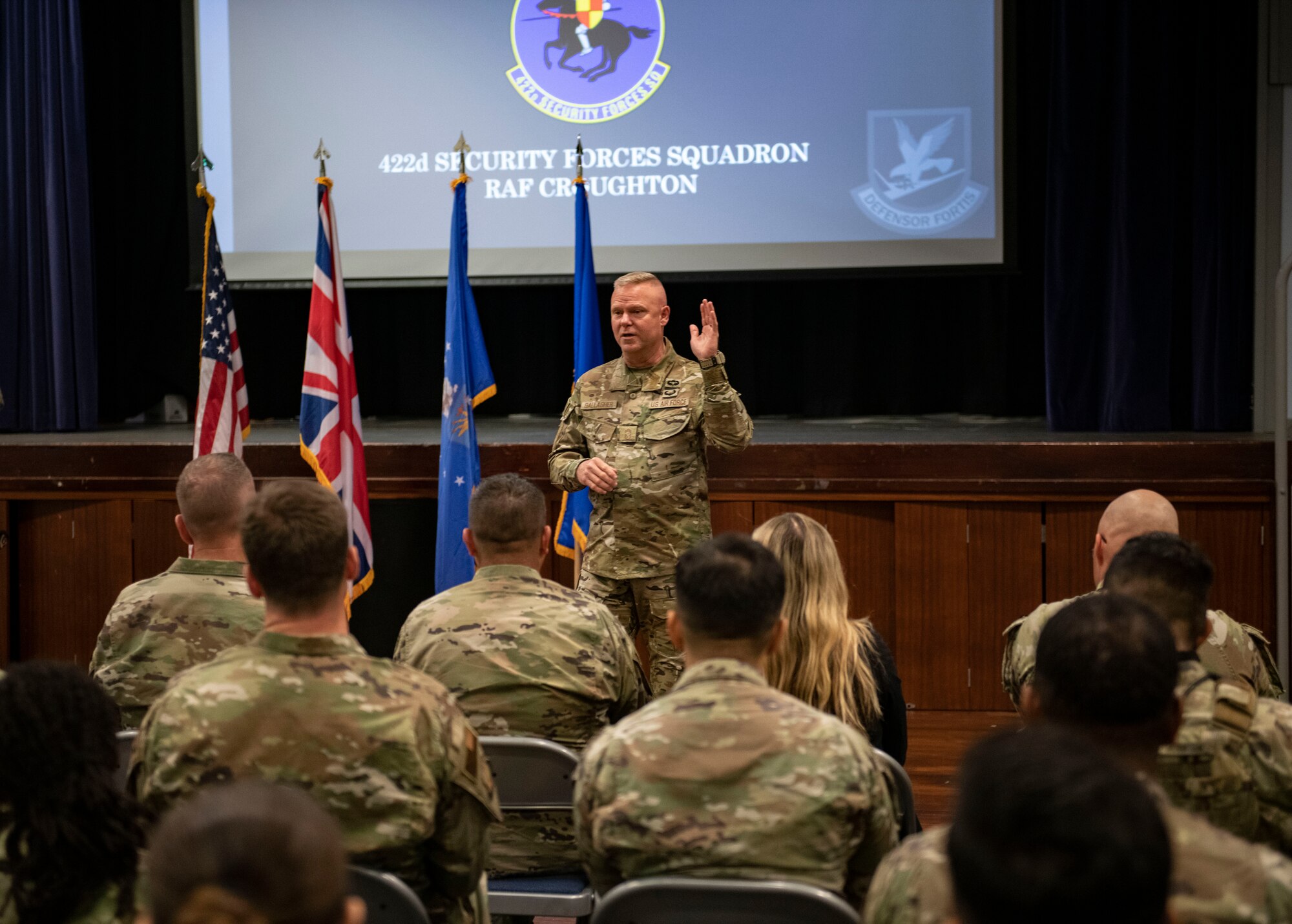 Chief Master Sgt. Donald Gallagher, United States Air Force security forces career field manager, speaks to the 422d Security Forces Squadron at RAF Croughton