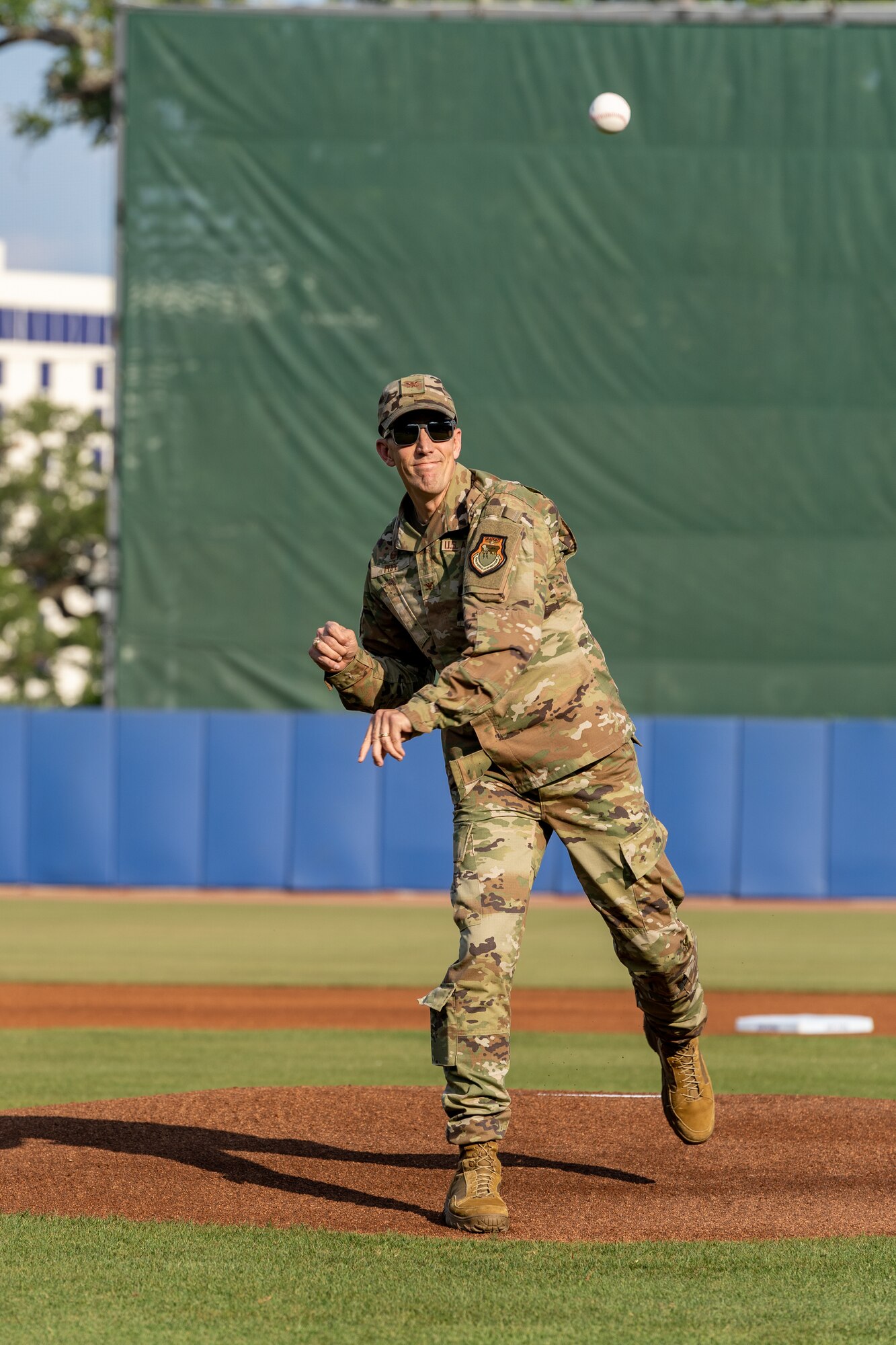 U.S. Air Force Col. Billy Pope, Jr., 81st Training Wing commander, throws the first pitch at MGM Park, Biloxi, Mississippi, June 3, 2023.