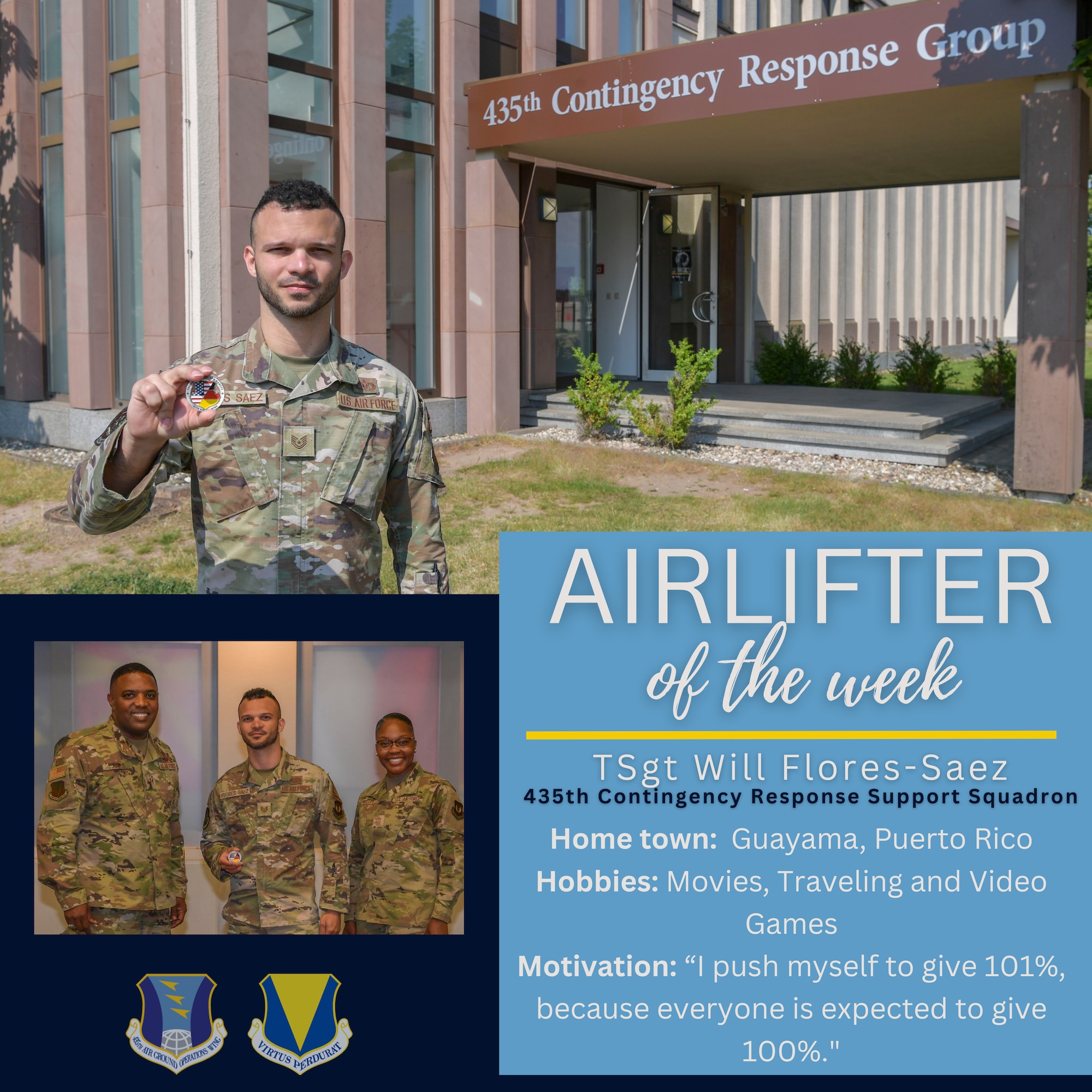 U.S. Air Force Tech. Sgt. Will Flores-Saez, 435th Contingency Response Support Squadron aircrew flight equipment air advisor and 435th Contingency Response Group unit deployment manager, shows coin after being recognized as Airlifter of the Week at Ramstein Air Base, Germany, June 6, 2023.