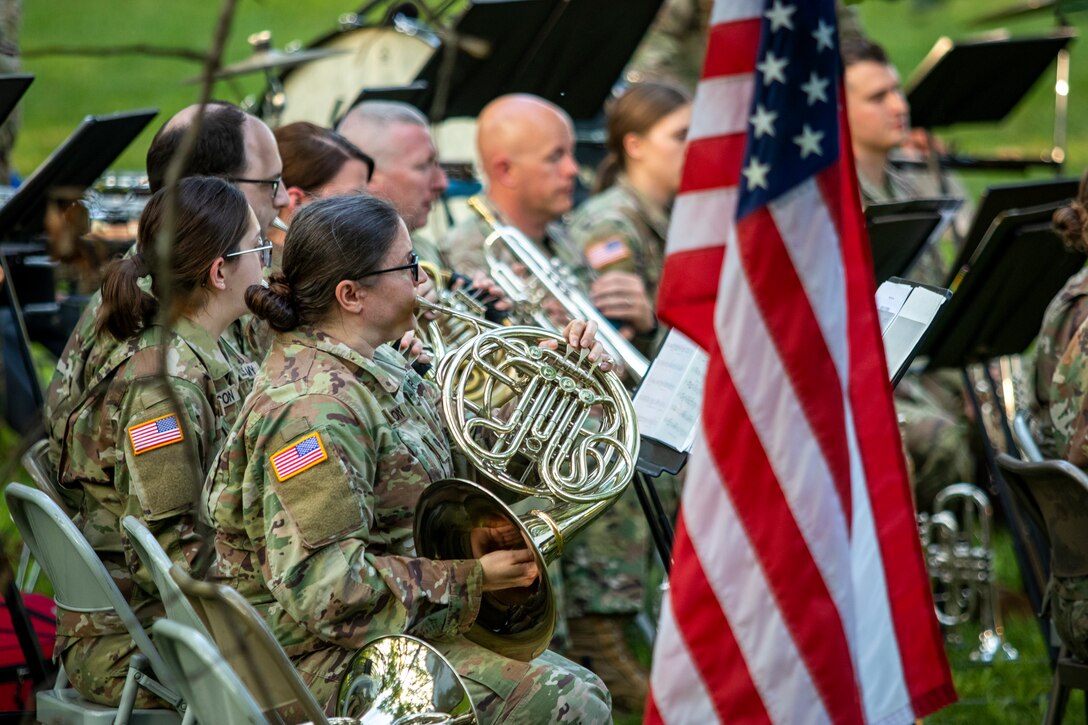 The Nebraska Army National Guard's 43rd Army Band celebrates 75 years of service with an anniversary concert, June 3, 2023, at the Wildewood Park in Ralston, Nebraska.