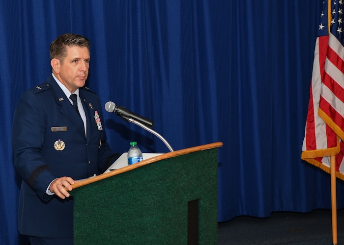 Brig. Gen. Christopher R. Amrhein, Air Force Recruiting Service commander, speaks to attendees during the 367th Recruiting Group assumption of command ceremony