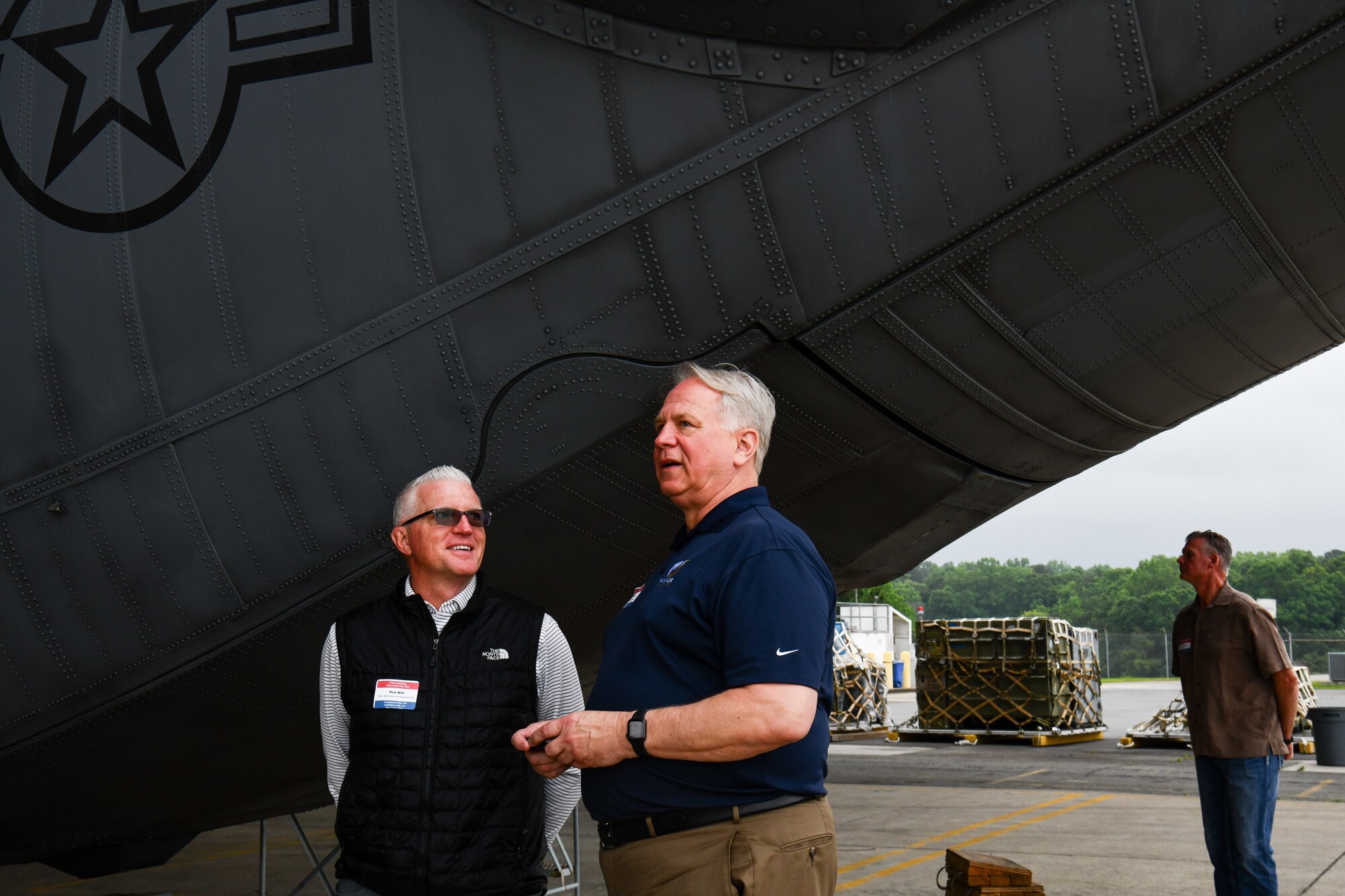 Participants in the 910th Airlift Wing’s civic leader tour to Dobbins Air Reserve Base, Georgia, converse during a tour of the Transportation Proficiency Center, May 12, 2023.