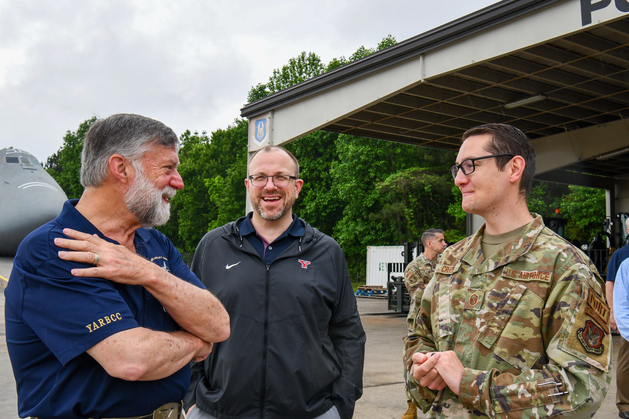Master Sgt. Christopher Creeze Godwin, an air transportation instructor assigned to the 622nd Transportation Proficiency Center, talks with participants in the 910th Airlift Wing’s civic leader tour to Dobbins Air Reserve Base, Georgia, May 12, 2023.