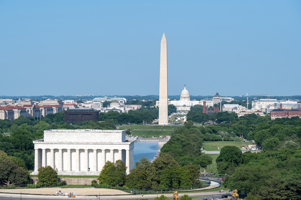 An aerial view of the Lincoln Memorial, Reflecting Pool, Washington Monument and Capitol.